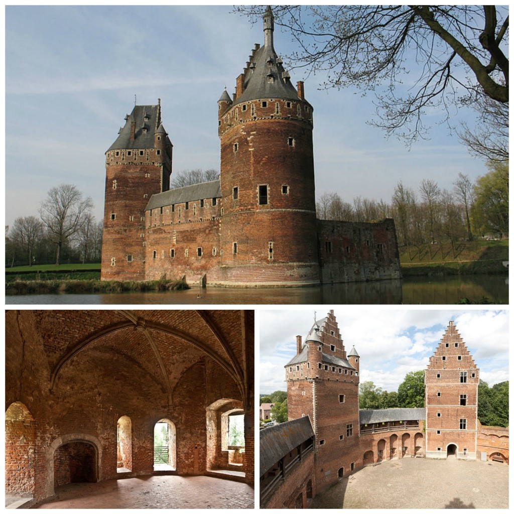 (Top) A full view of the ‘Treasure of Beersel’ |WikiCommons/ (Bottom left) Trek through the medieval rooms hidden in the castle | WikiCommons/ (Bottom right) Watch towers loom over a courtyard which hosts an annual medieval fair | WikiCommons