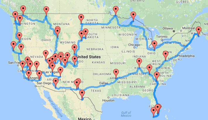 50 State Road Trip Map This Epic Us Road Trip Takes You Through 47 National Parks