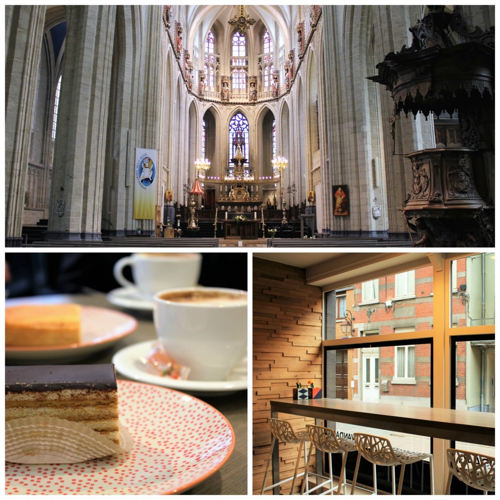  (Top) Visit the Basilica of Saint Martin | Courtesy of Anne Boyle/ (Bottom left) Enjoy a cake and cup of coffee at Vandaag | Courtesy of Anne Boyle/ (Bottom right) Enjoy a view of the Halle streets from Vandaag | Courtesy of Anne Boyle 