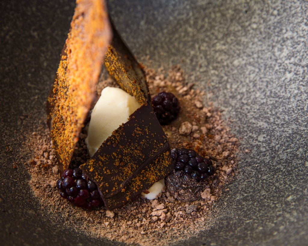 Miso & caramel, mulberries, lavender sorbet, chocolate shards & soil | Courtesy of Co-Op Dining