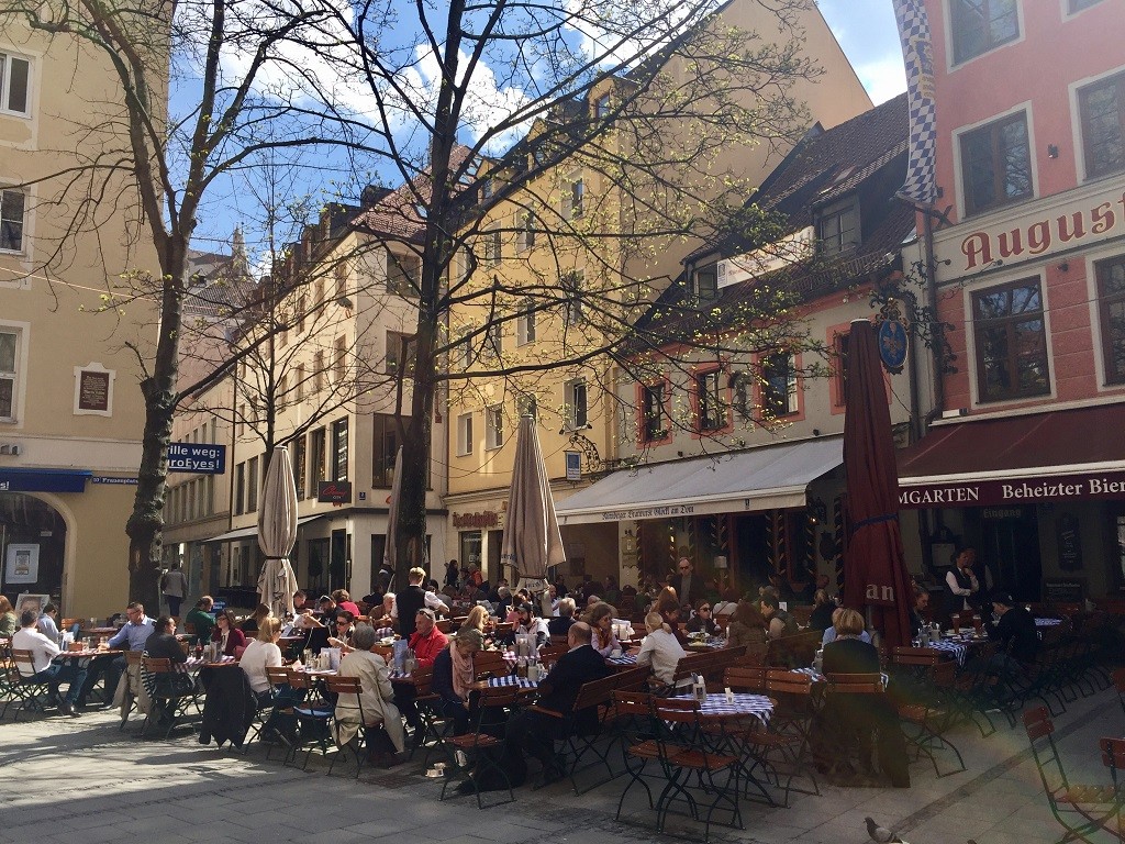 Past the terrace before the yellow building you'll find Munich's cheapest draft beer © Roanna Mottershead 