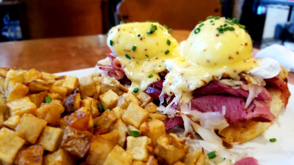 Corned Beef Eggs Benedict, Courtesy of Dime Store