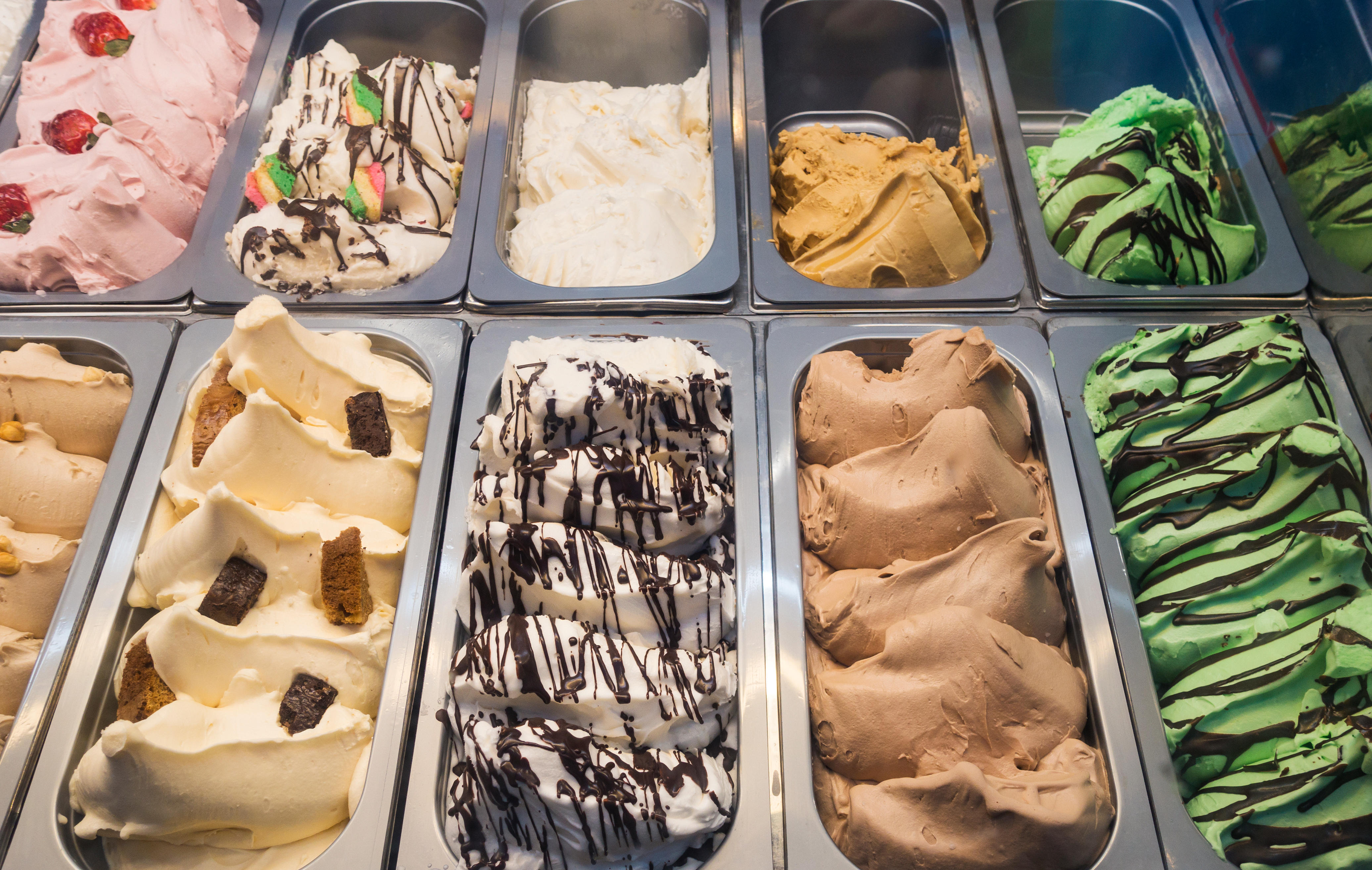 Gelato, a selection of flavors of Italian ice cream